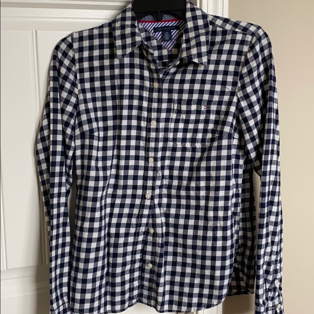 Tommy Hilfiger- navy gingham flannel button down.